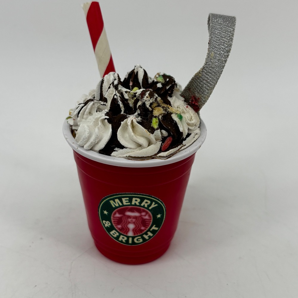 Starbucks Holiday Red Cup Ornament Merry & Bright Whipped Cream Faux Drink Mini